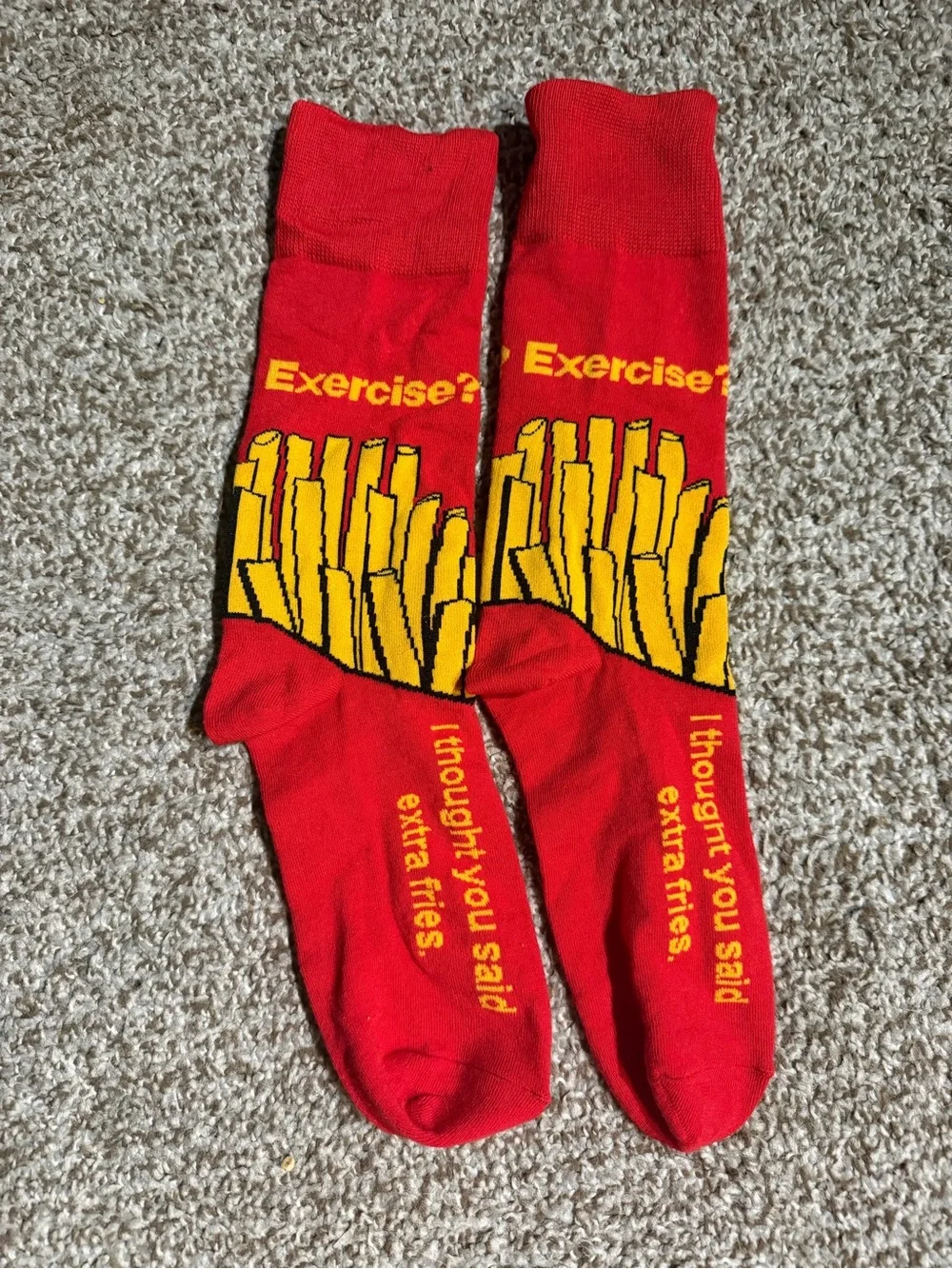 Men's Red Novelty Crew Socks with Yellow French Fry Graphic